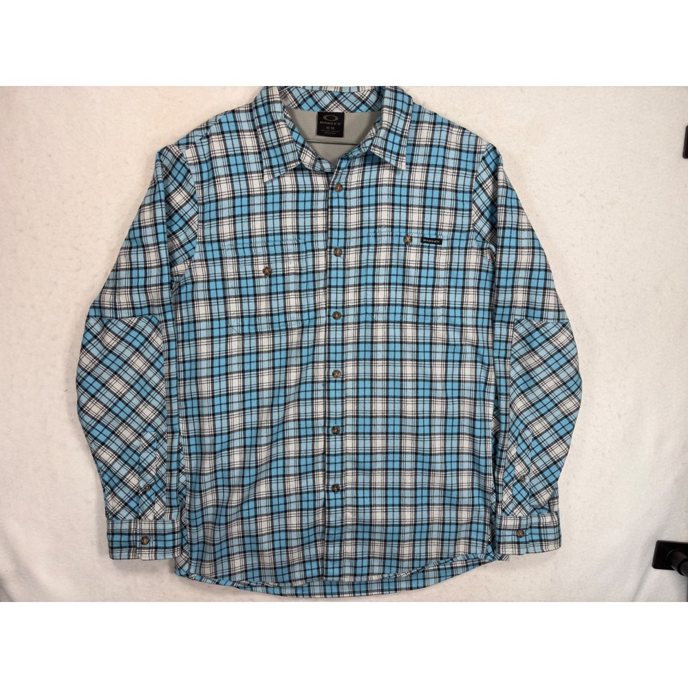 Oakley Mens Long Sleeve Plaid Flannel Shirt Blue White Black Mesh Yoke Medium